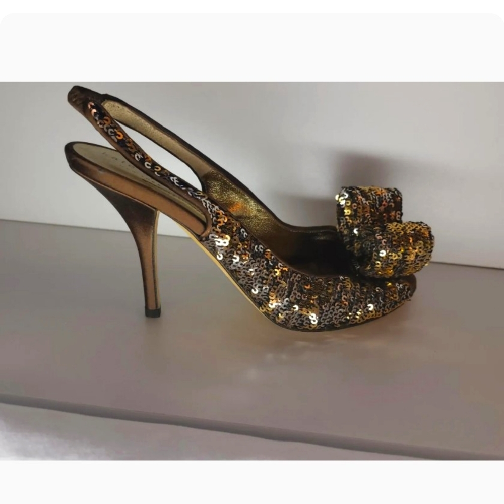 Sz 5½ | Kate Spade Carly Slingback w Bow | Gold & Silver Sequin, Chocolate Satin